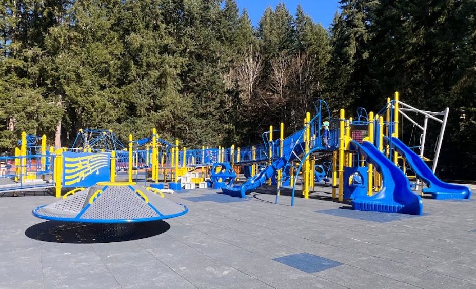 Cottage Lake's blue and yellow playground, with slides, ramps and a spinner, surrounded by tall evergreens